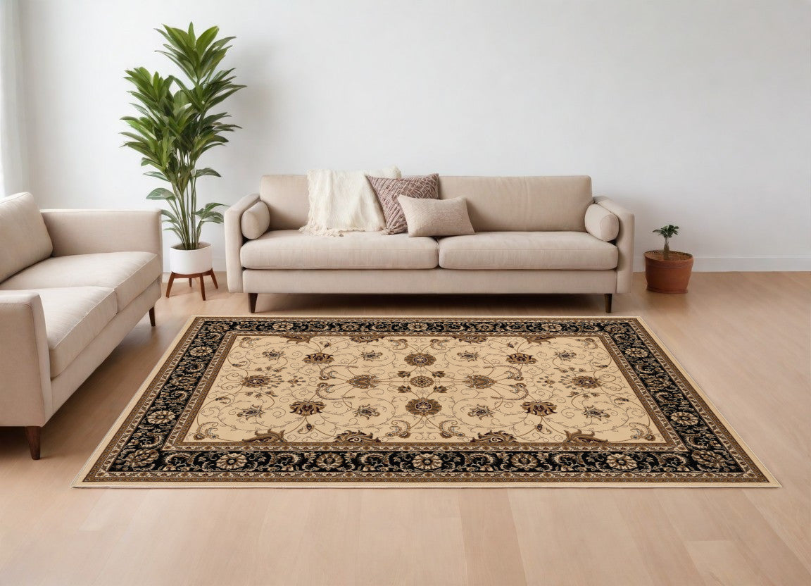 7' X 9' Black and Ivory Oriental Power Loom Area Rug