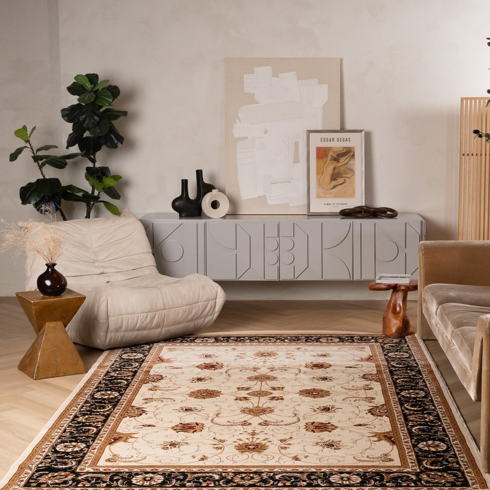 7' X 9' Black And Ivory Oriental Area Rug