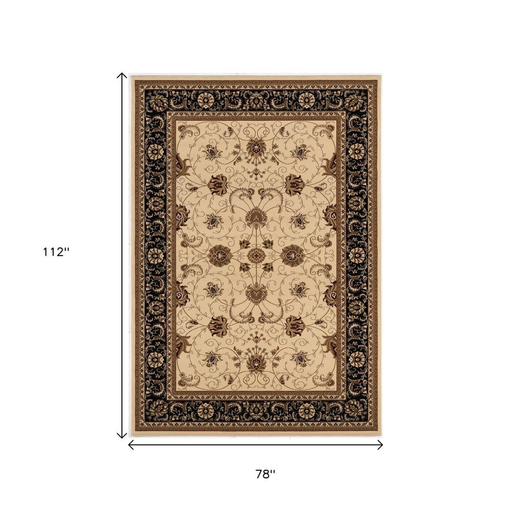 7' X 9' Black And Ivory Oriental Area Rug