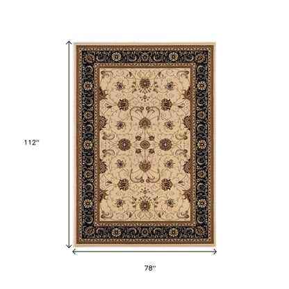 7' X 9' Black And Ivory Oriental Area Rug