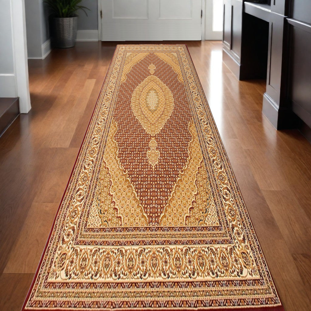 10' Runner Red and Beige Oriental Power Loom Runner Rug