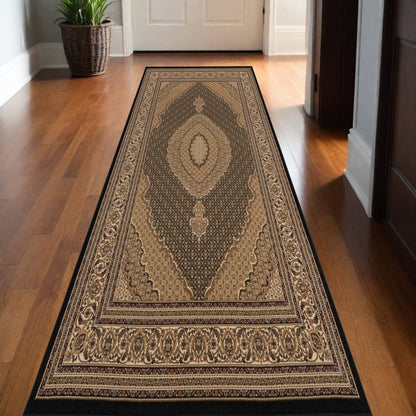 10' Beige And Black Medallion Runner Rug