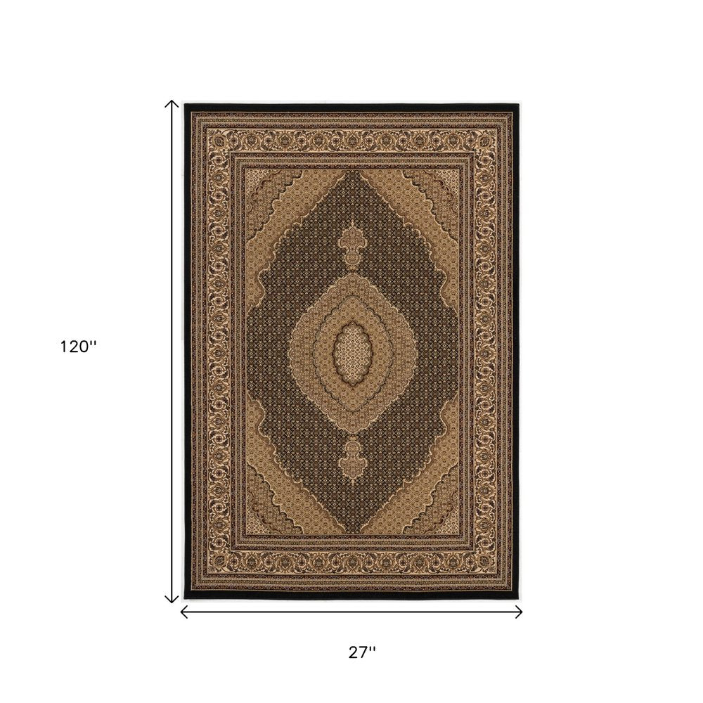 10' Beige And Black Medallion Runner Rug