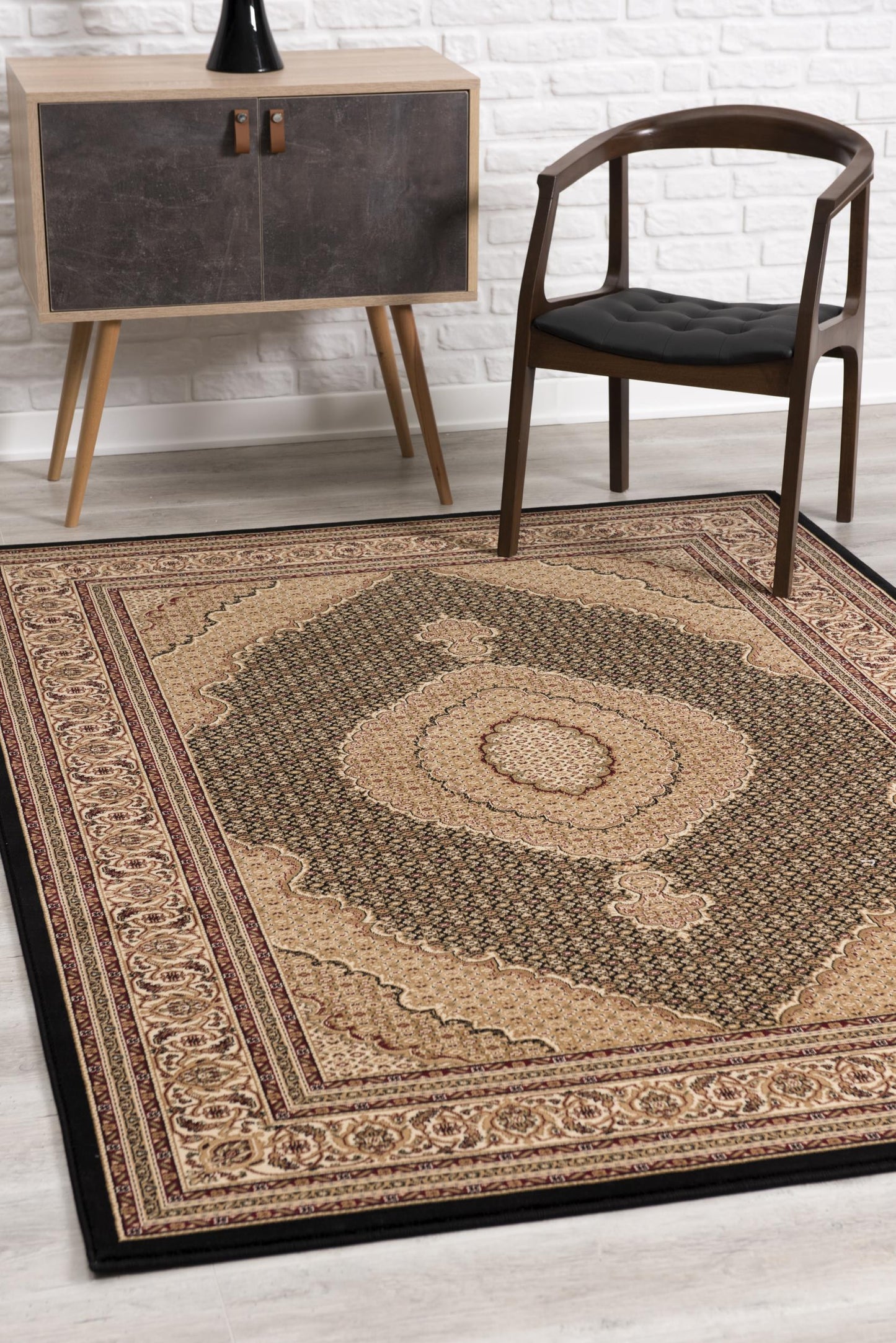 5' X 8' Beige and Black Medallion Power Loom Area Rug