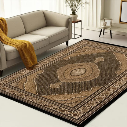 5' X 8' Beige and Black Medallion Power Loom Area Rug