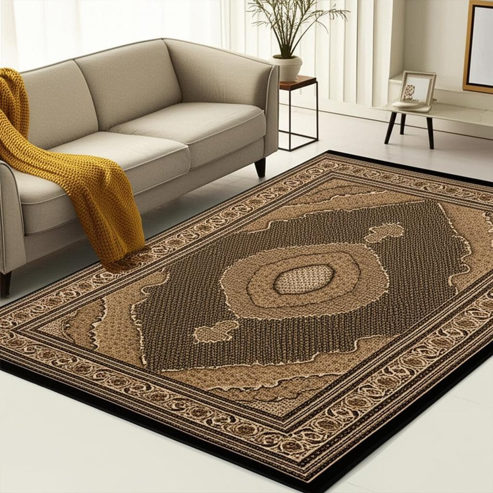 5' X 8' Beige and Black Medallion Power Loom Area Rug