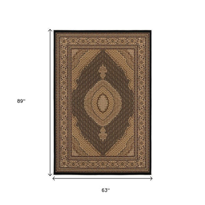 5' X 8' Beige and Black Medallion Power Loom Area Rug