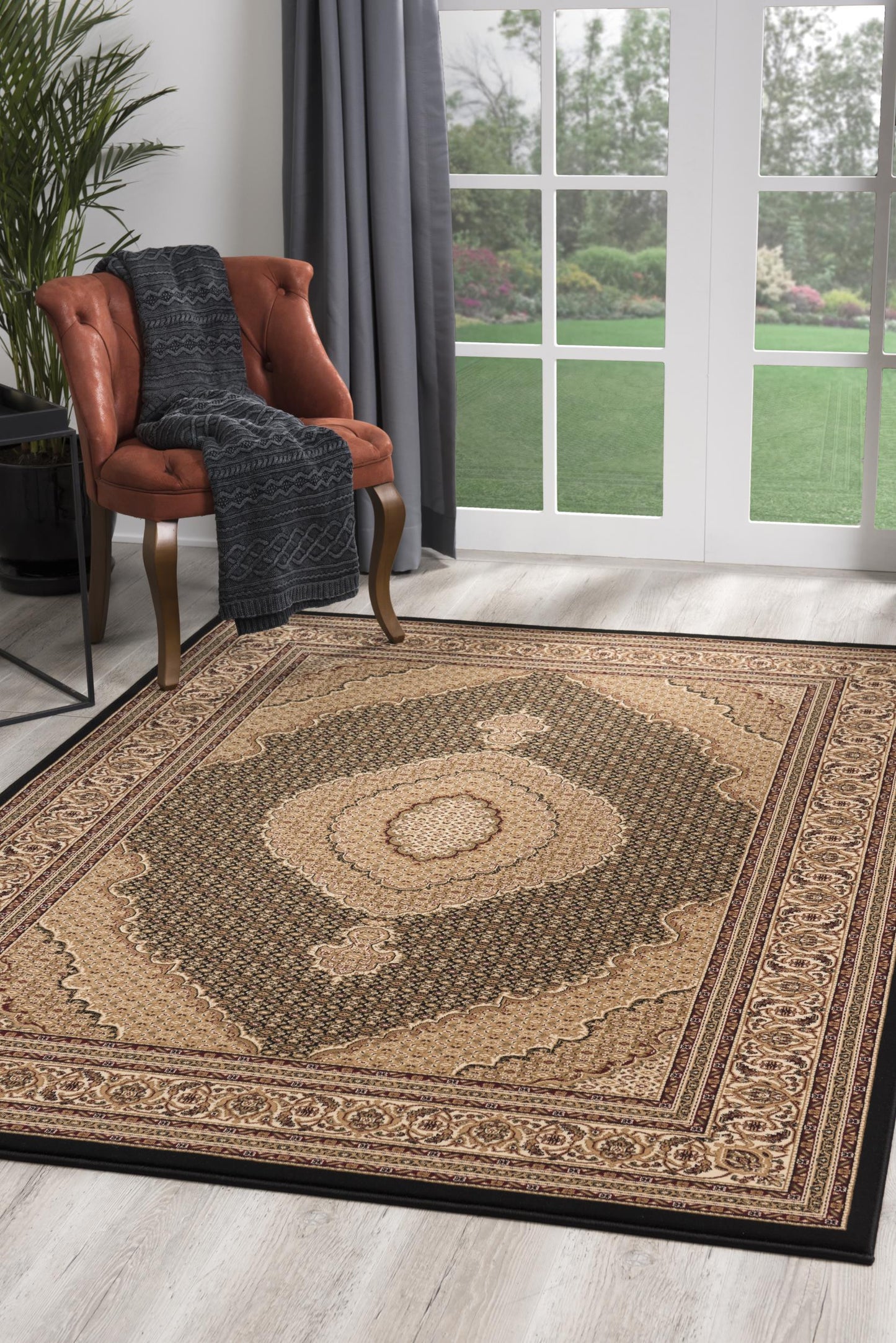 5' X 8' Beige and Black Medallion Power Loom Area Rug