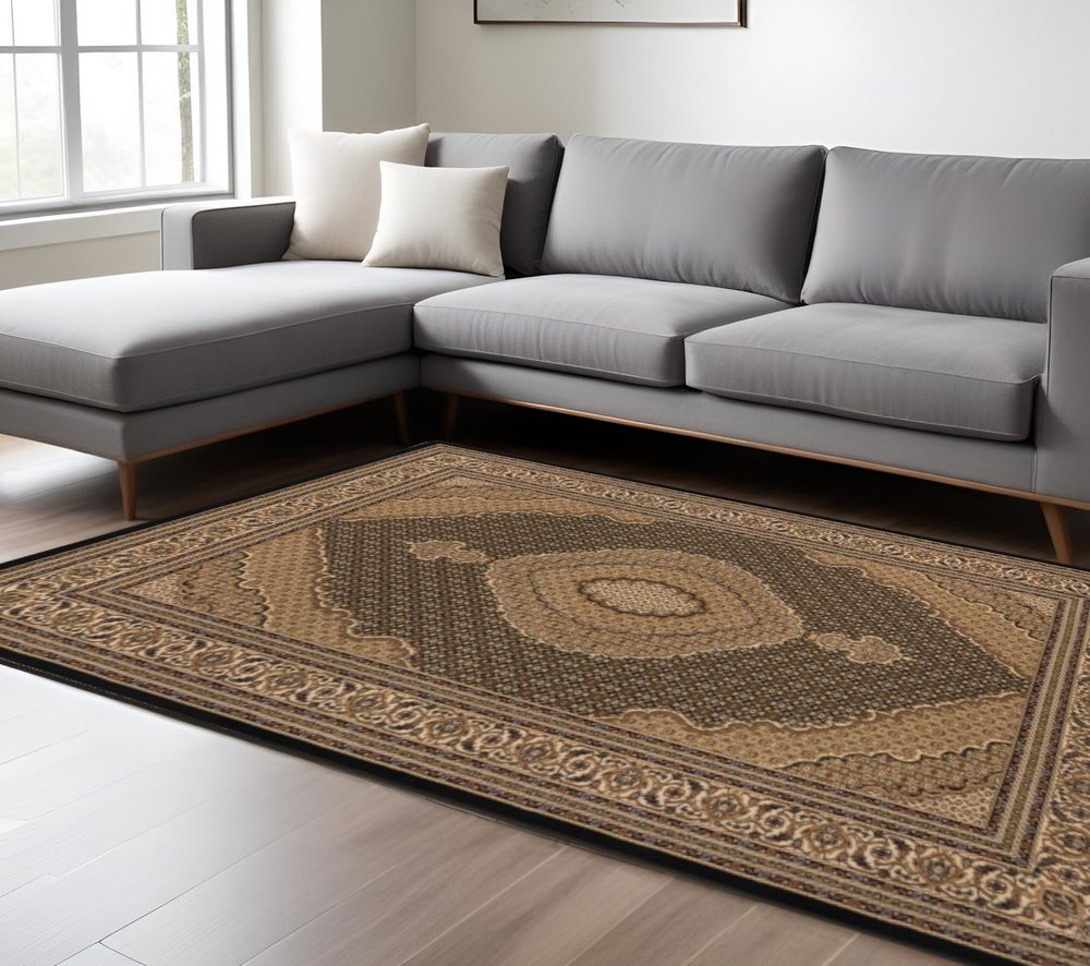 5' X 8' Beige and Black Medallion Power Loom Area Rug