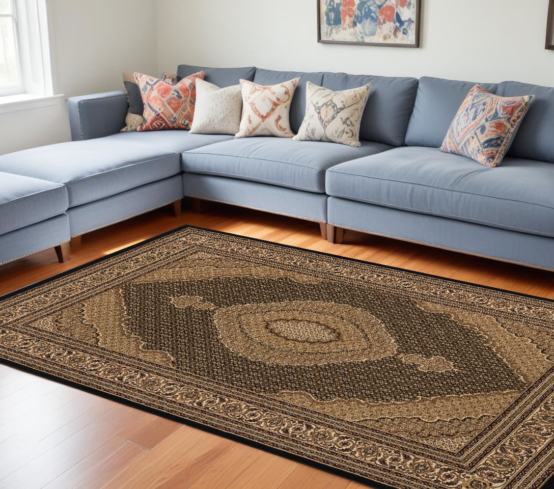 5' X 8' Beige and Black Medallion Power Loom Area Rug