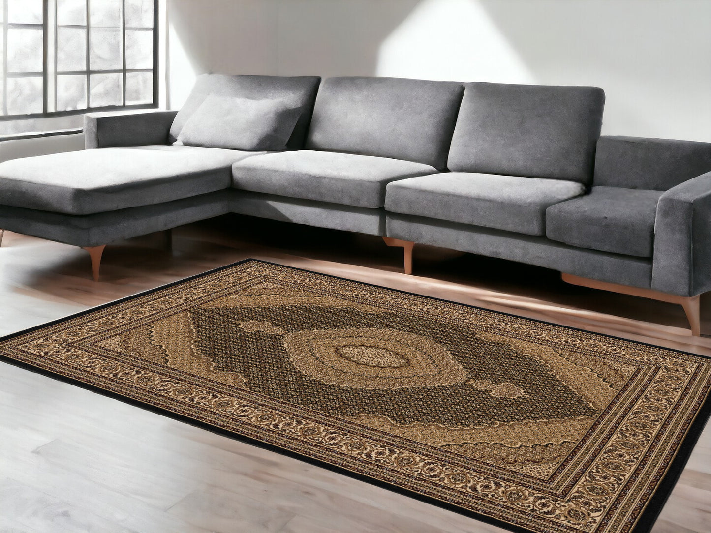 5' X 8' Beige and Black Medallion Power Loom Area Rug