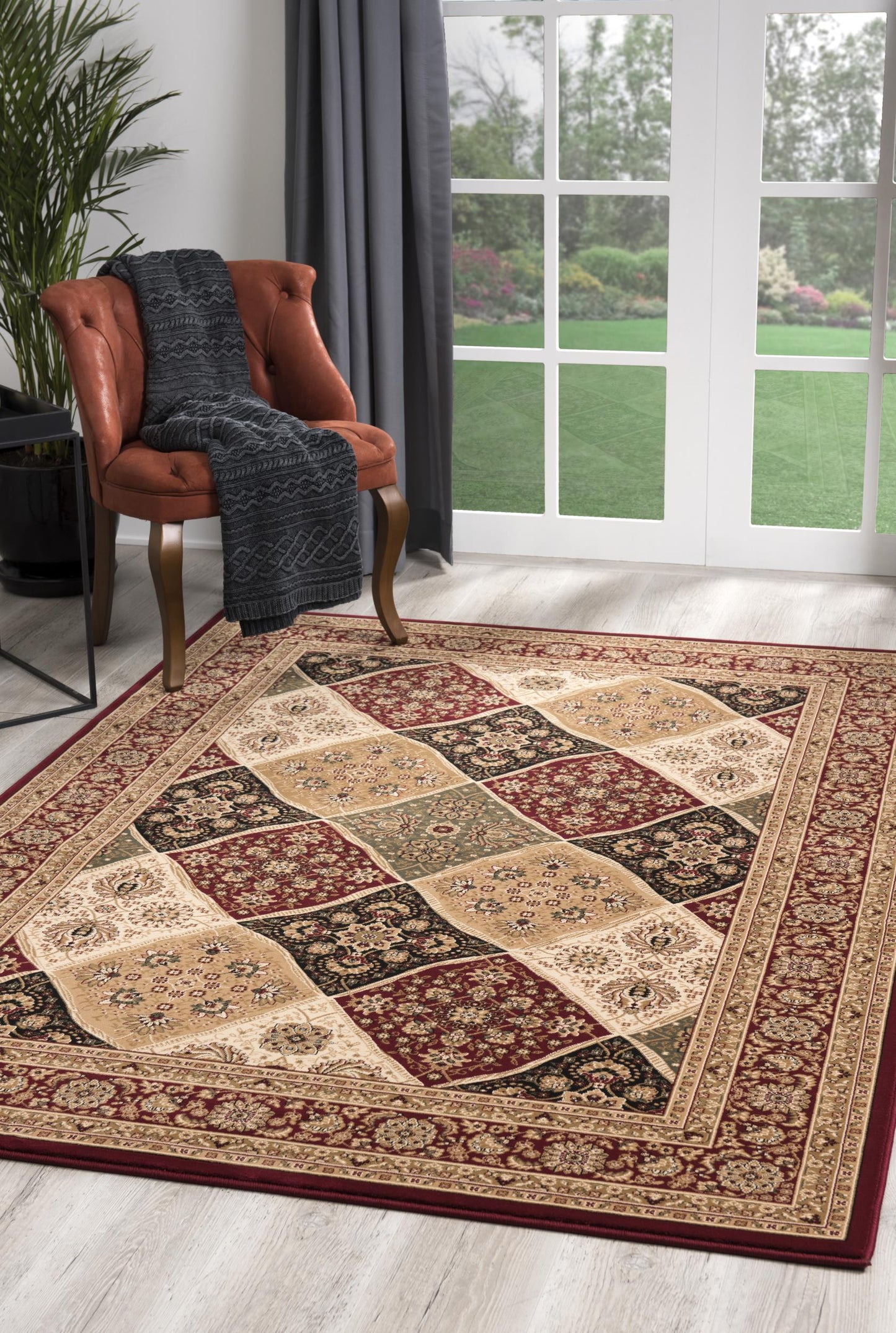 7' X 9' Red and Beige Oriental Power Loom Area Rug