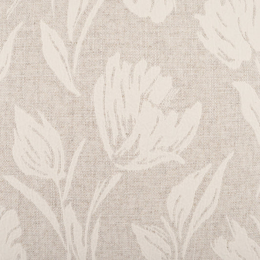 Beige linen-textured fabric with a large white floral pattern of blossoms and leaves.