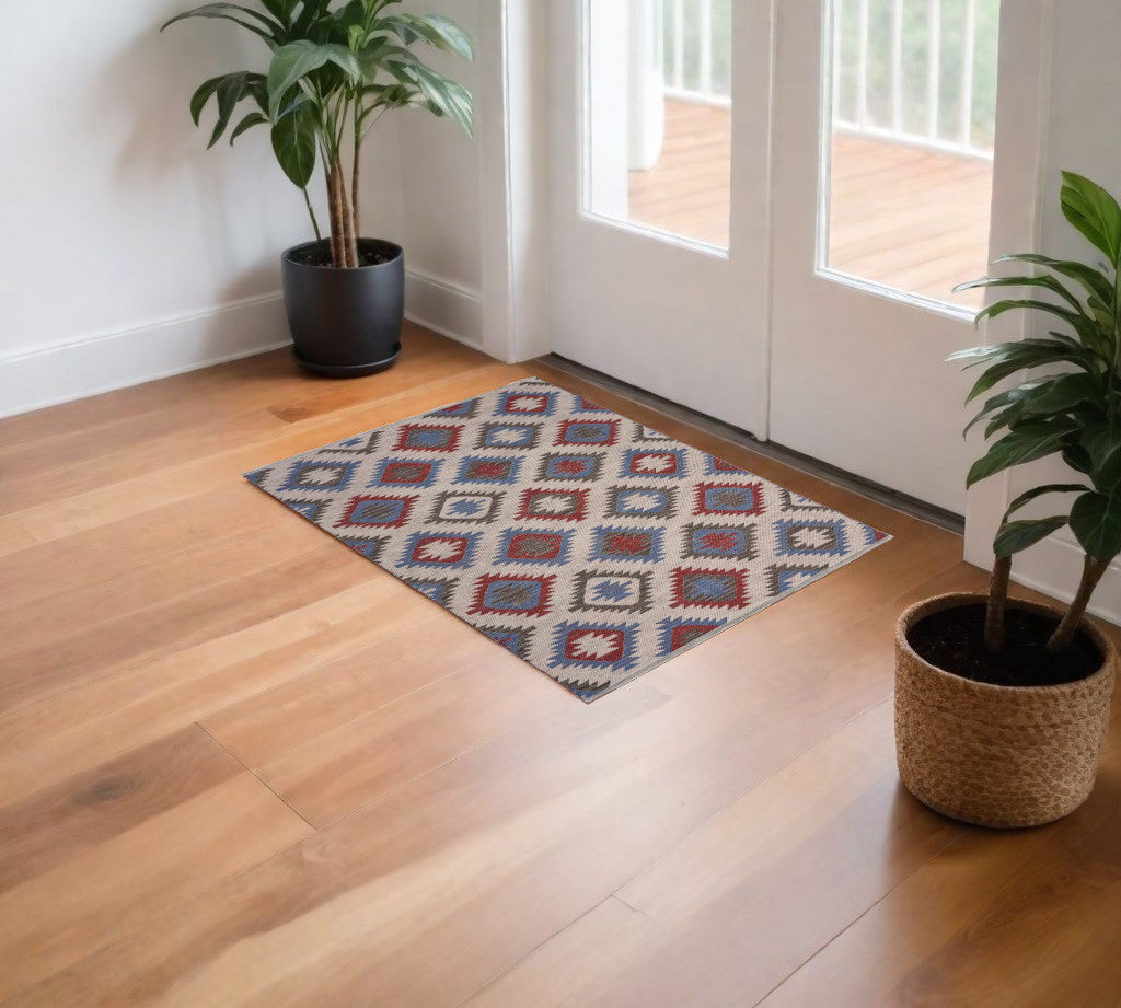 3' x 5' Red and Blue Geometric Diamonds Area Rug