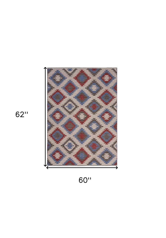 5' X 7' Red and Blue Geometric Diamonds Area Rug