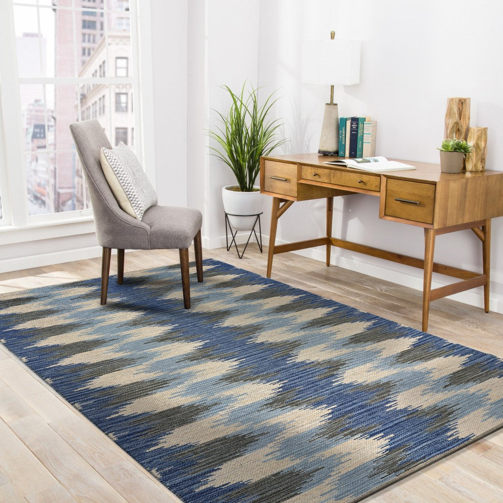 3' x 4' Blue and Cream Ikat Pattern Area Rug