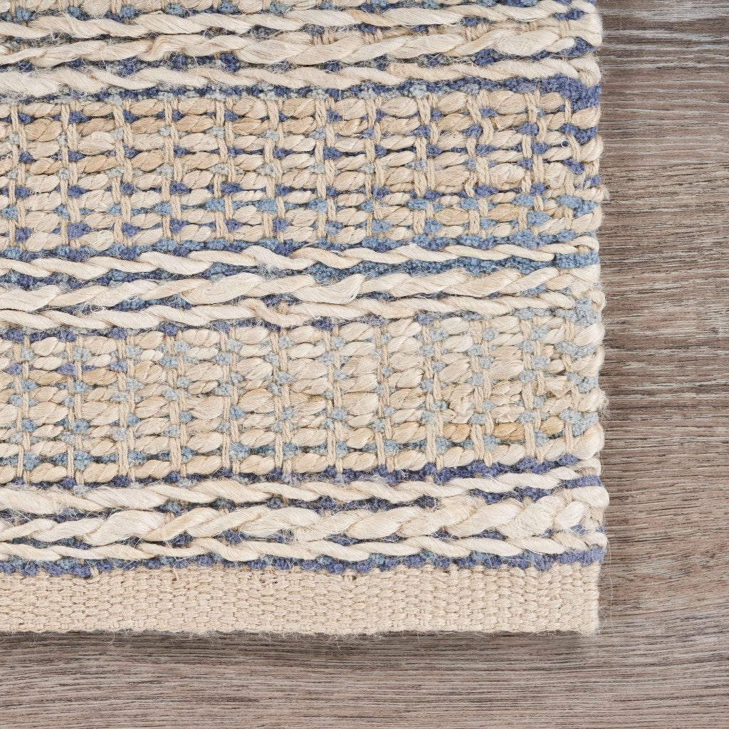 8' X 10' Blue and Cream Braided Jute Area Rug