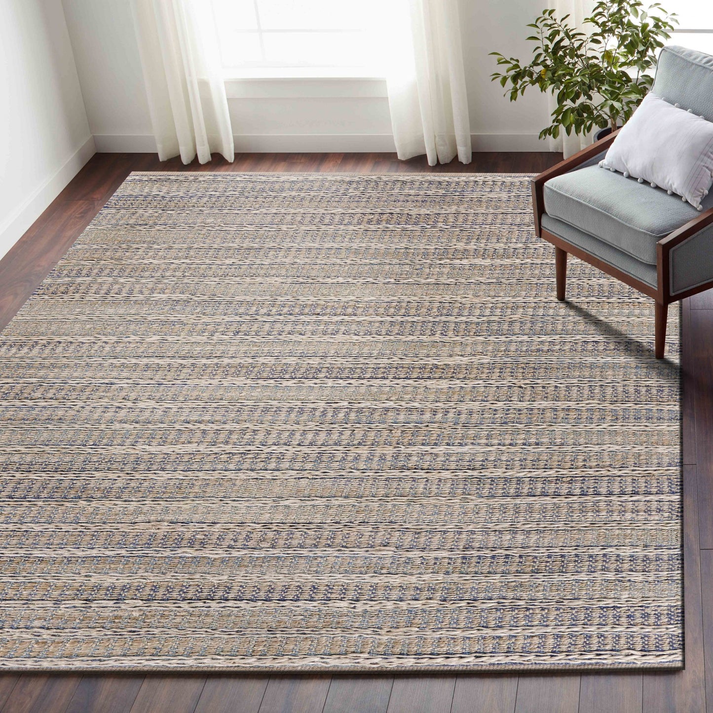 8' X 10' Blue and Cream Braided Jute Area Rug