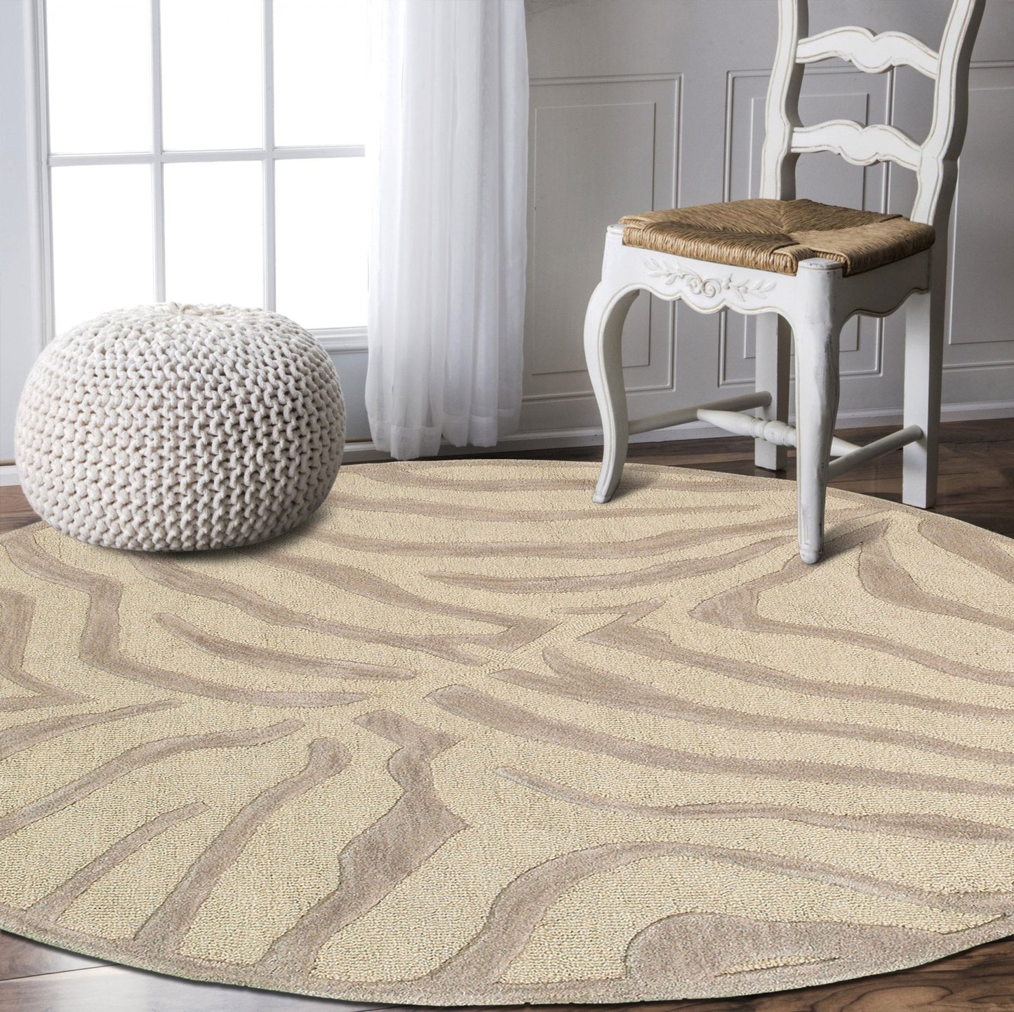 3' Round Taupe Zebra Pattern Area Rug