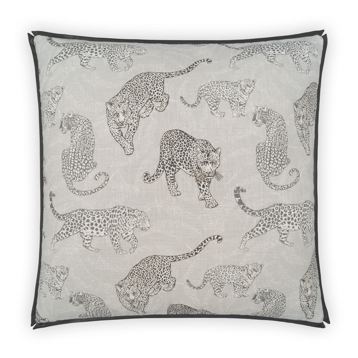 Grey leopard print throw pillow with black piping trim, square decorative cushion for sofa.
