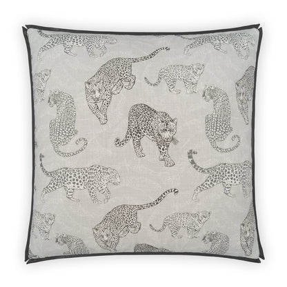 Grey leopard print throw pillow with black piping trim, square decorative cushion for sofa.