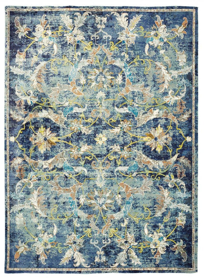 4' X 6' Blue and White Jacobean Pattern Area Rug