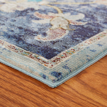 4' X 6' Blue and White Jacobean Pattern Area Rug