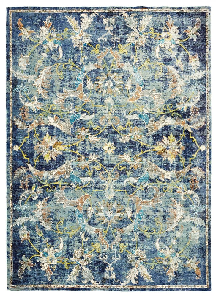 4' X 6' Blue and White Jacobean Pattern Area Rug