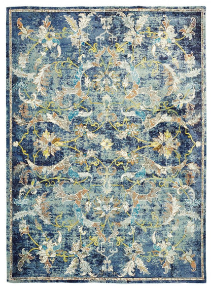 4' X 6' Blue and White Jacobean Pattern Area Rug