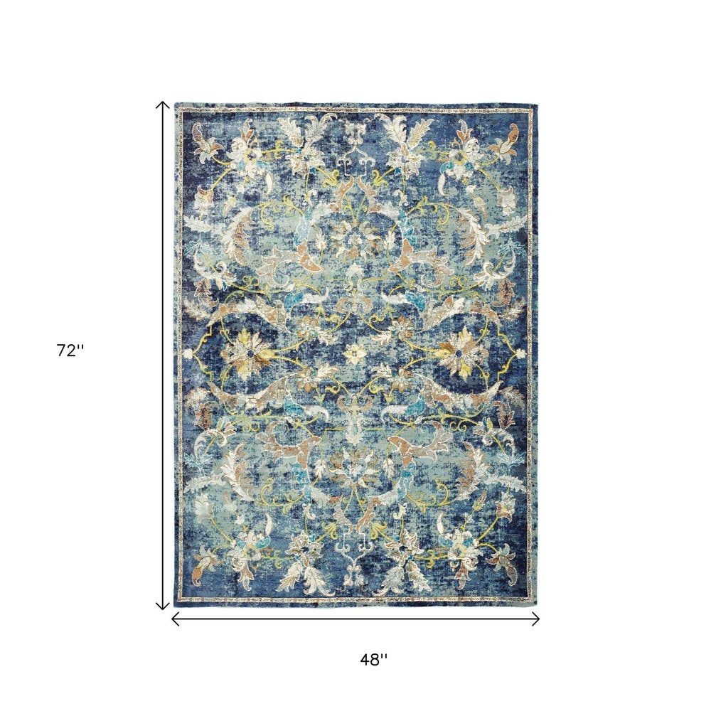 4' X 6' Blue and White Jacobean Pattern Area Rug