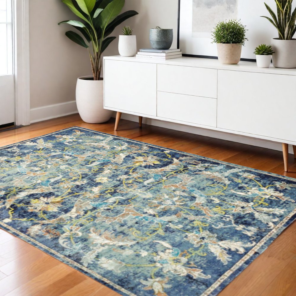 4' X 6' Blue and White Jacobean Pattern Area Rug