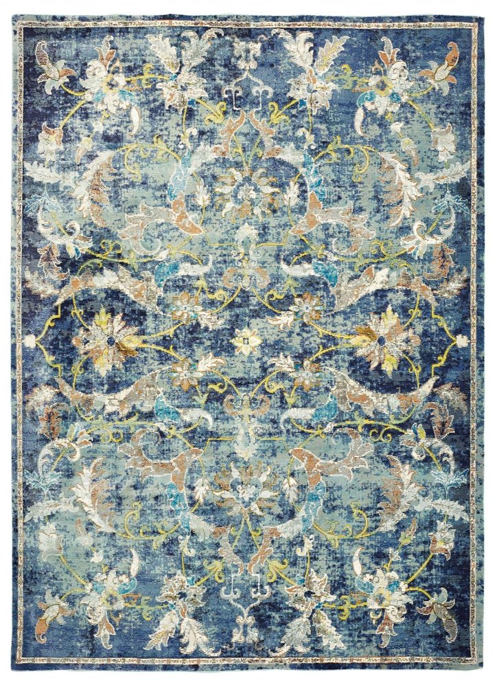 4' X 6' Blue and White Jacobean Pattern Area Rug