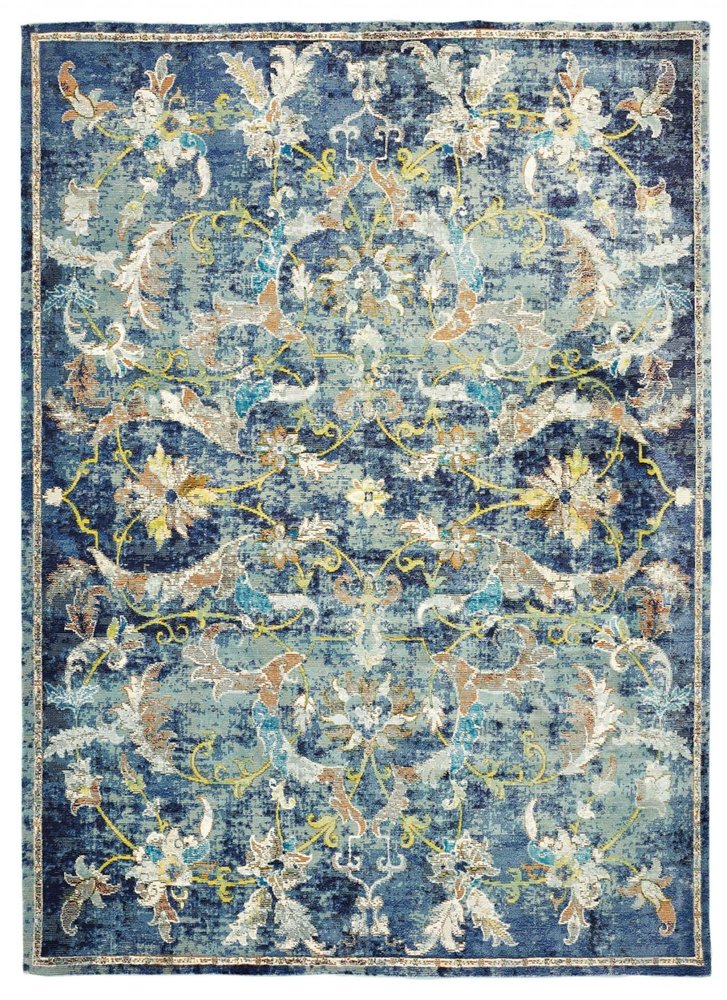 4' X 6' Blue and White Jacobean Pattern Area Rug