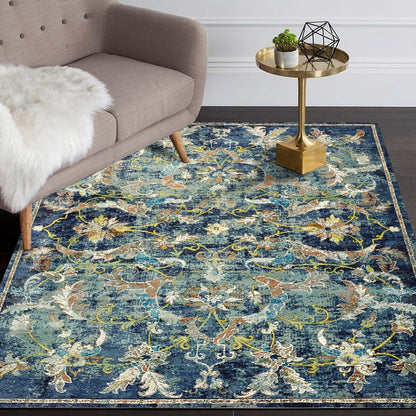 4' X 6' Blue and White Jacobean Pattern Area Rug