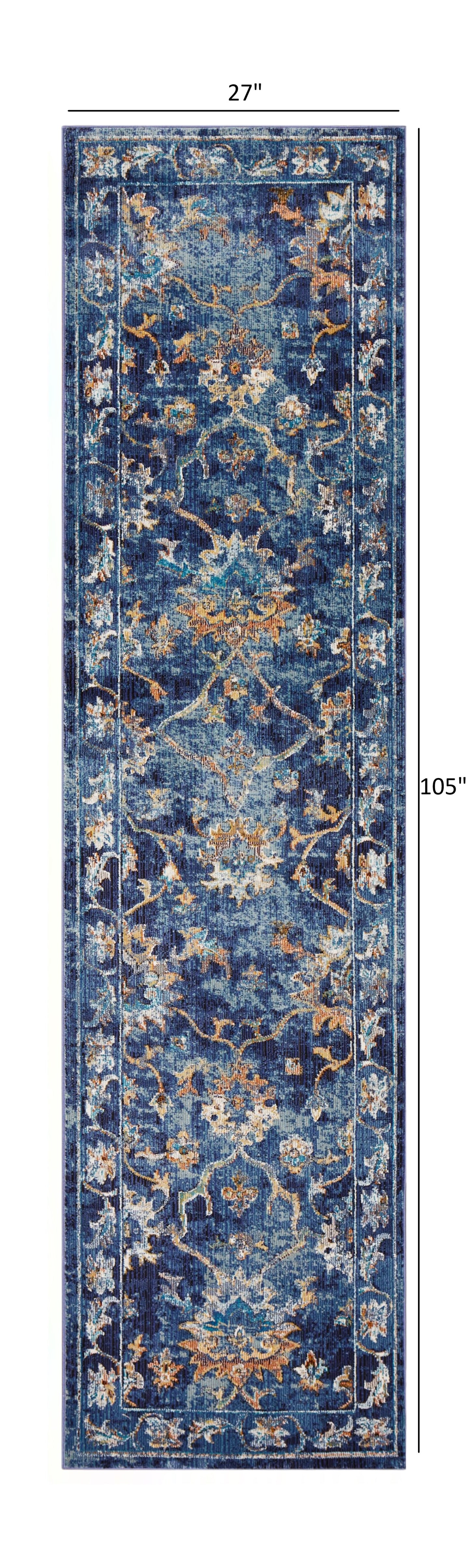 2' X 9' Blue and Gold Jacobean Runner Rug