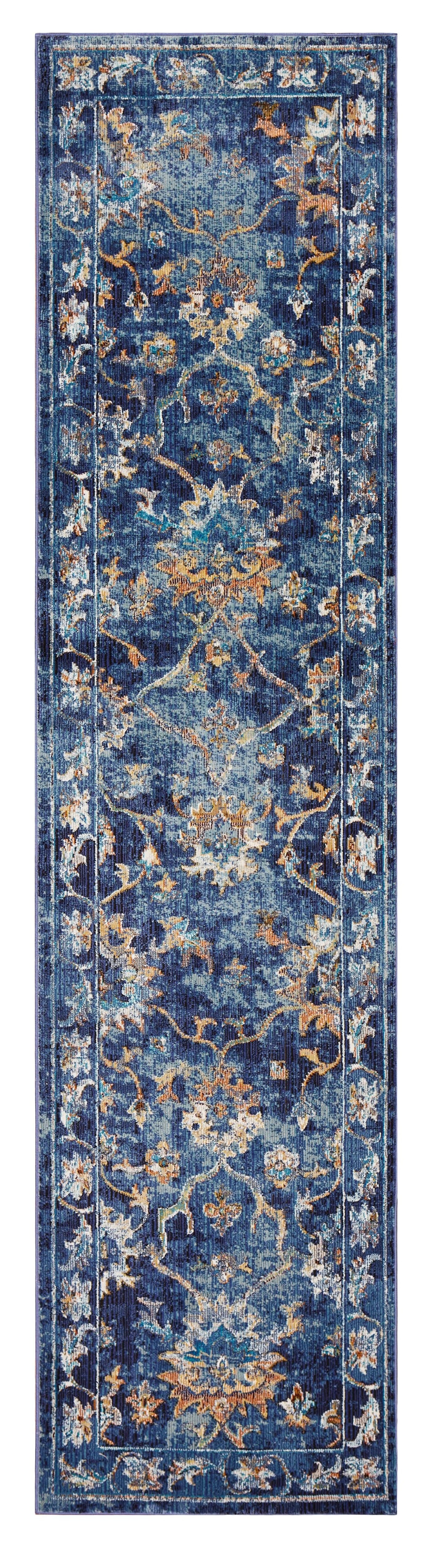 2' X 9' Blue and Gold Jacobean Runner Rug