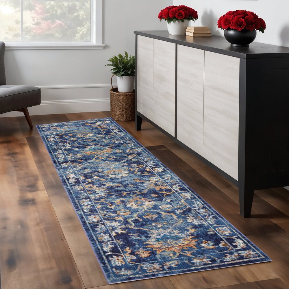 4' X 6' Blue and Gold Jacobean Area Rug
