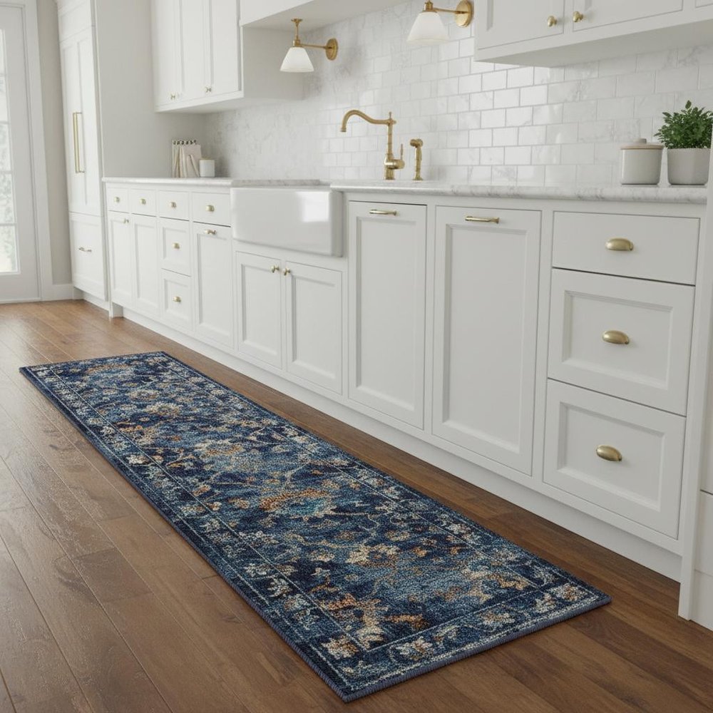 4' X 6' Blue and Gold Jacobean Area Rug