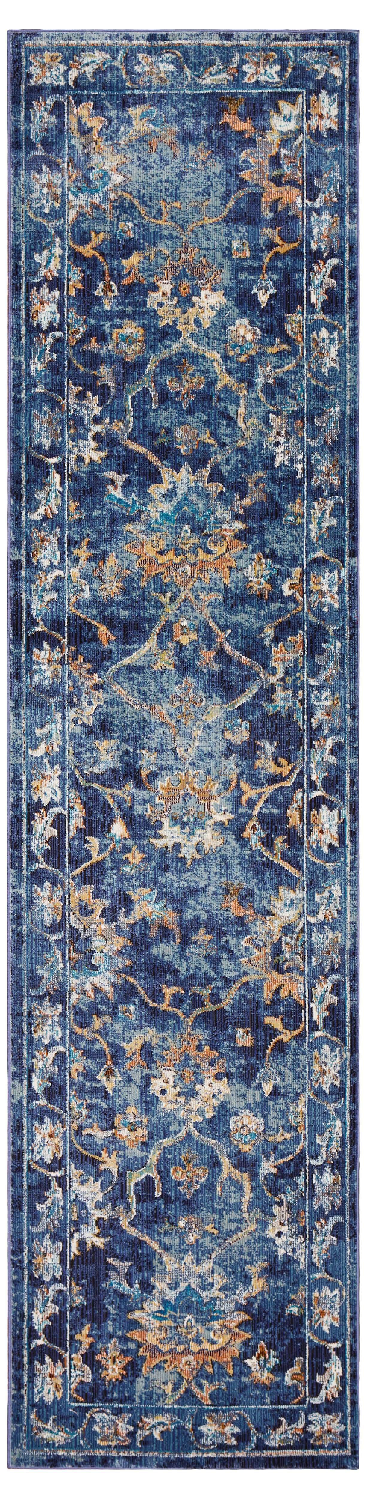 2' X 9' Blue and Gold Jacobean Runner Rug