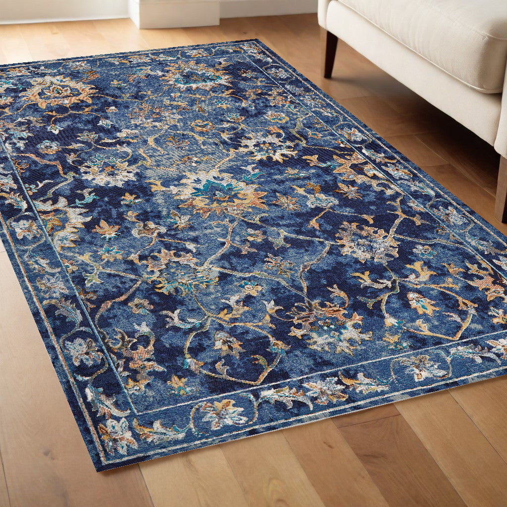 2' X 9' Blue and Gold Jacobean Runner Rug