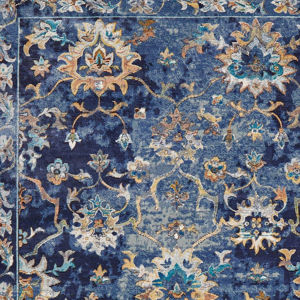 2' X 9' Blue and Gold Jacobean Runner Rug