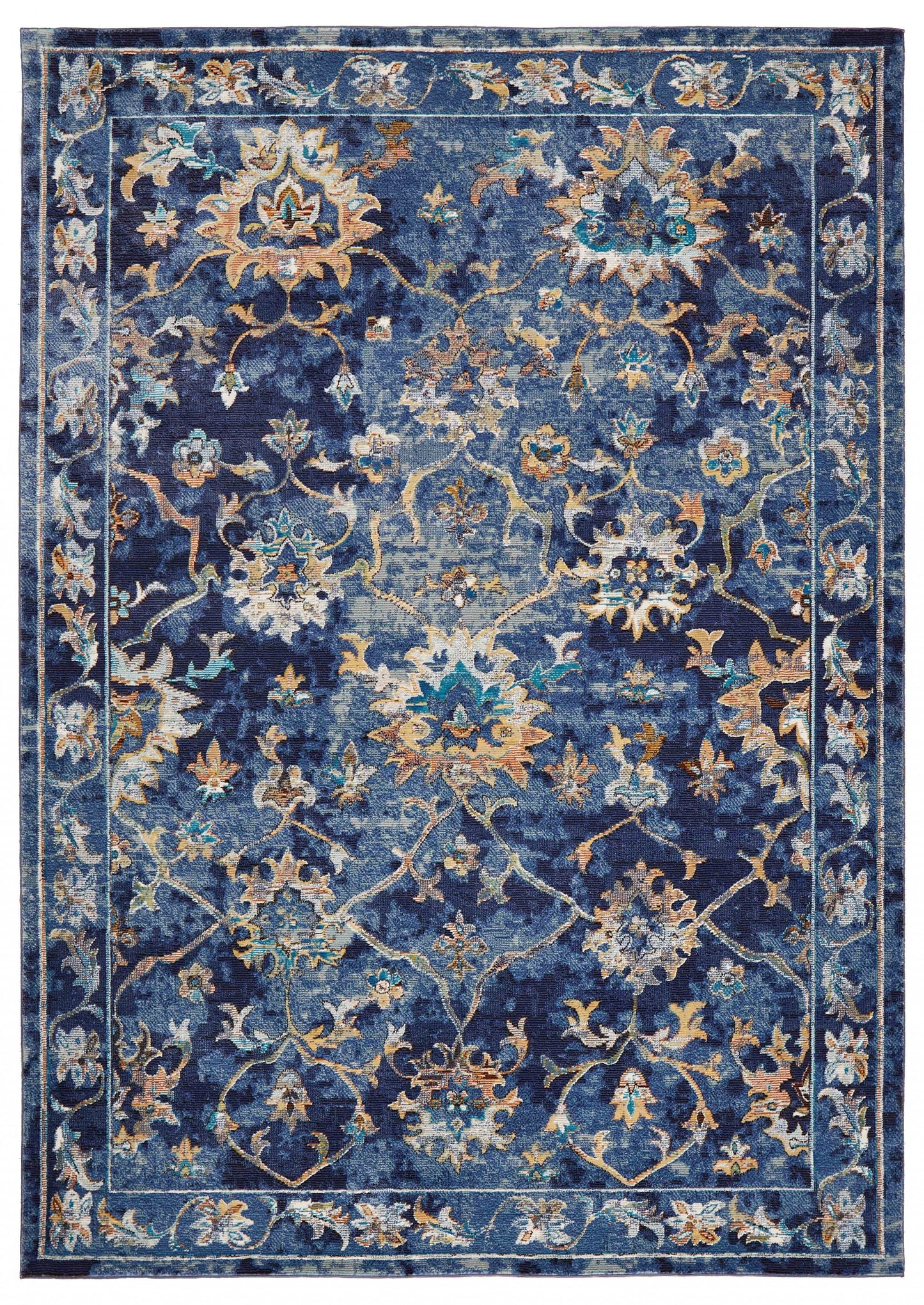 2' X 9' Blue and Gold Jacobean Runner Rug