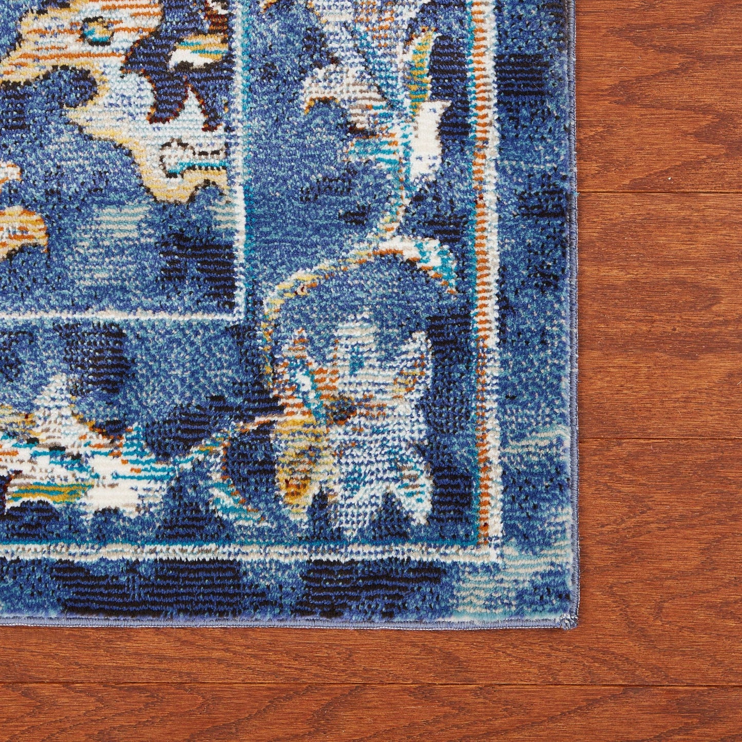 2' X 9' Blue and Gold Jacobean Runner Rug