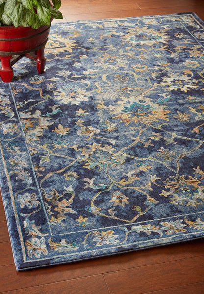 4' X 6' Blue and Gold Jacobean Area Rug