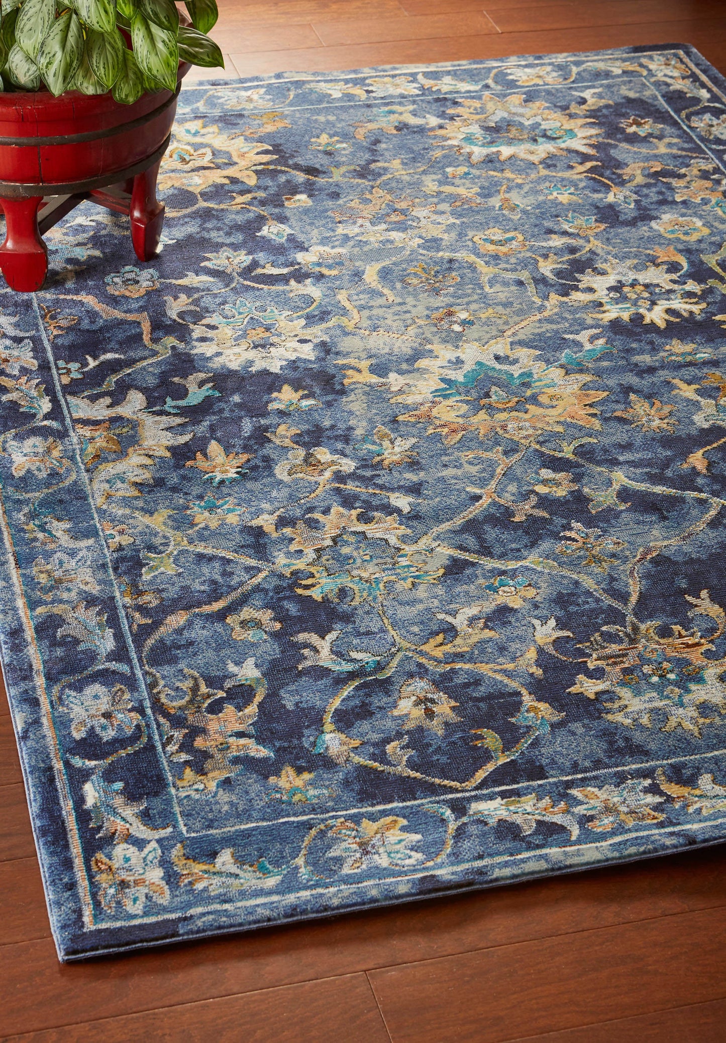 2' X 9' Blue and Gold Jacobean Runner Rug