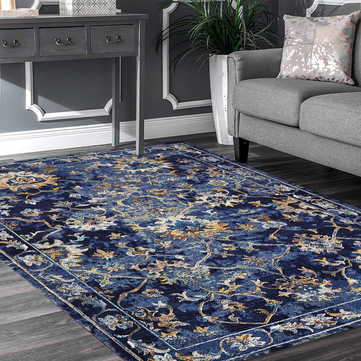 5' X 8' Blue Aqua and Gold Floral Area Rug