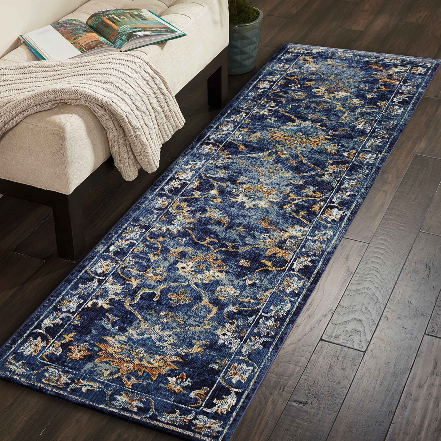 2' X 9' Blue and Gold Jacobean Runner Rug