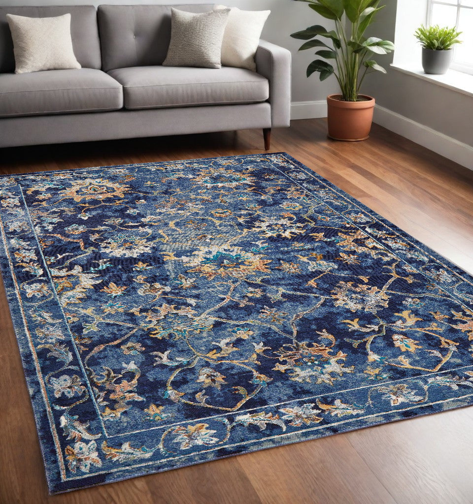 2' X 9' Blue and Gold Jacobean Runner Rug