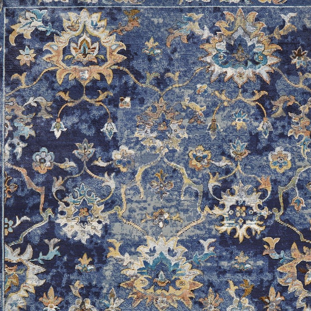 2' X 9' Blue and Gold Jacobean Runner Rug