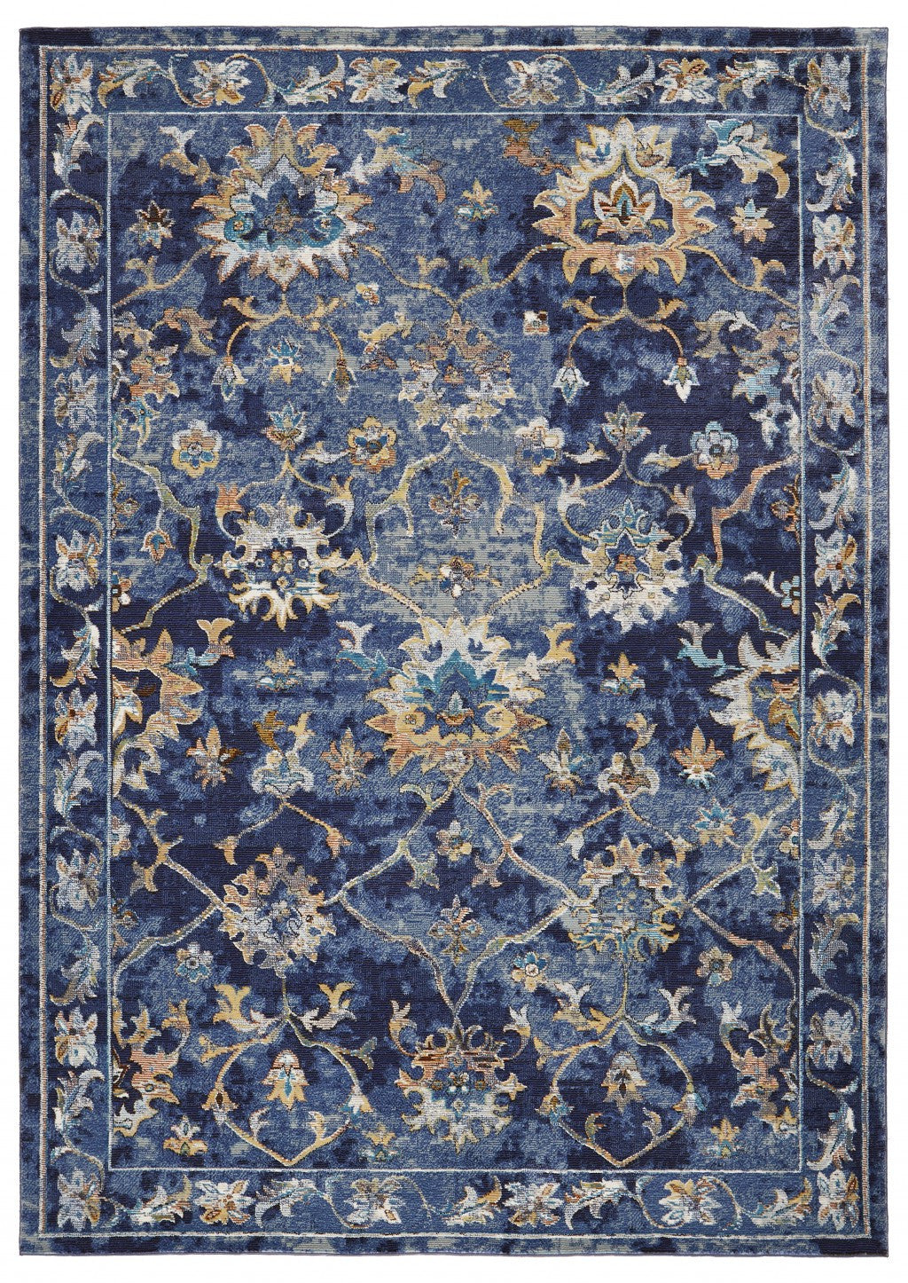 2' X 9' Blue and Gold Jacobean Runner Rug